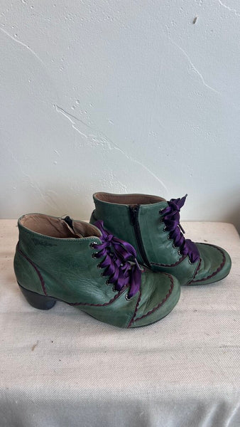 Pre-Owned Portofino Green Round Toe Purple Lace Leather Booties - Size 39
