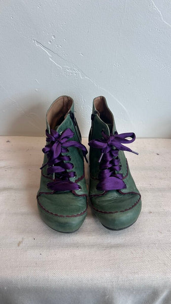 Pre-Owned Portofino Green Round Toe Purple Lace Leather Booties - Size 39