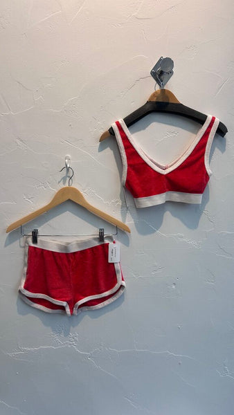 Pre-Owned Zara Red and White Terry Cloth Crop Top - Size Small