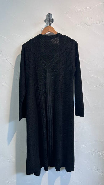 Pre-Owned Dex Black Pointelle Knit Open Front Long Cardigan - Size Large