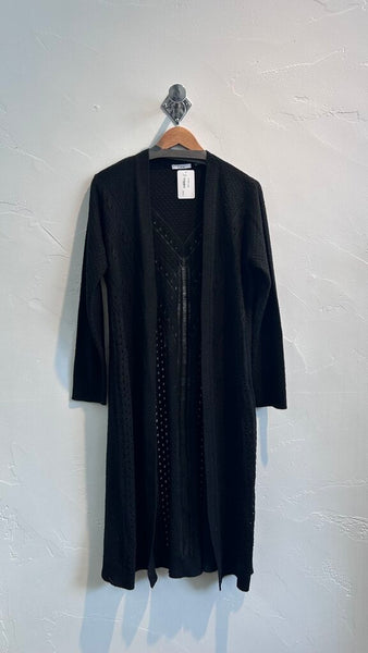 Pre-Owned Dex Black Pointelle Knit Open Front Long Cardigan - Size Large