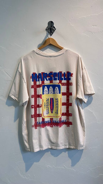 Pre-Owned Cream 'Sardines' Graphic Oversized Tee- Size Large (Estimated)