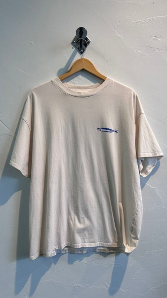 Pre-Owned Cream 'Sardines' Graphic Oversized Tee- Size Large (Estimated)