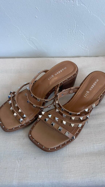 Pre-Owned Madden Girl Tan Multi Studded Strap Block Mini Heel- Size 7