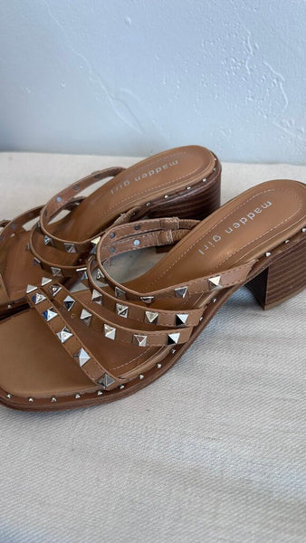 Pre-Owned Madden Girl Tan Multi Studded Strap Block Mini Heel- Size 7