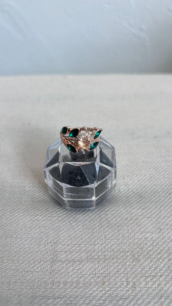 Pre-Owned Rose Gold with Green Leaves Gems and Halo Peach Ring