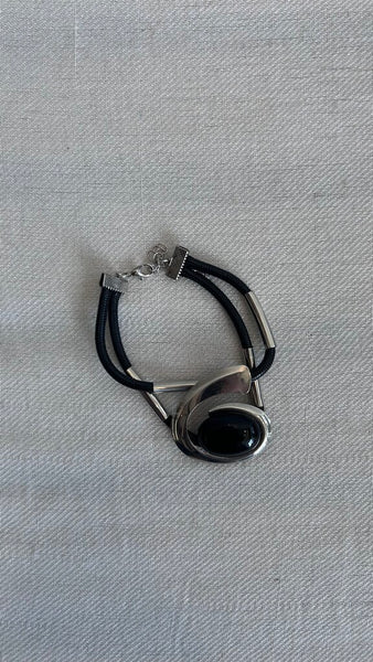 Pre-Owned Black Rope Silver Decal and Black Gem Double Banded Bracelet