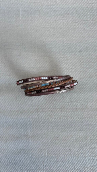 Pre-Owned Brown Multi 6 Strap Faux Beaded Magnetic Clasp Bracelet