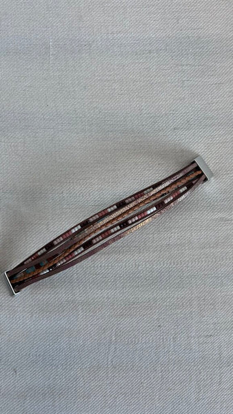 Pre-Owned Brown Multi 6 Strap Faux Beaded Magnetic Clasp Bracelet