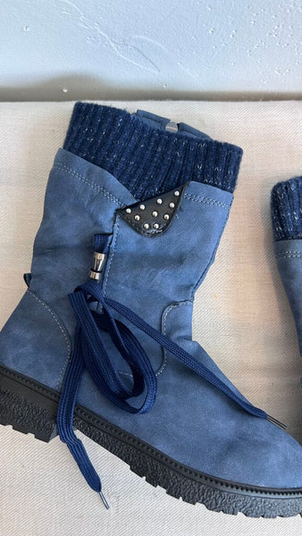 Pre-Owned Dark Blue Faux Sock Cuff Side Zip Laces Boot- Size 36