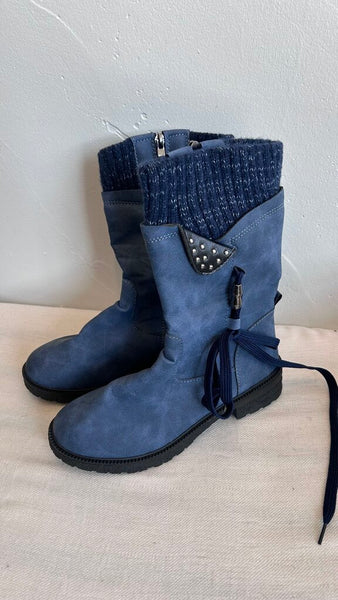 Pre-Owned Dark Blue Faux Sock Cuff Side Zip Laces Boot- Size 36