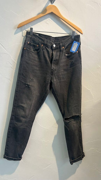 Pre-Owned Levi's Washed Black 501 Raw Hem Jeans - Size 28
