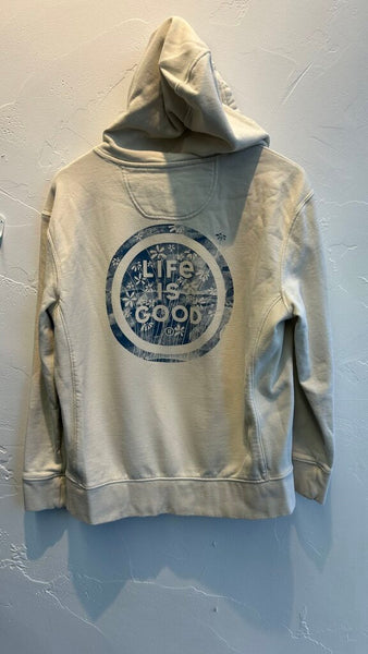 Pre-Owned Life Is Good Cream Spread Good Vibes Graphic Hoodie - Size Large