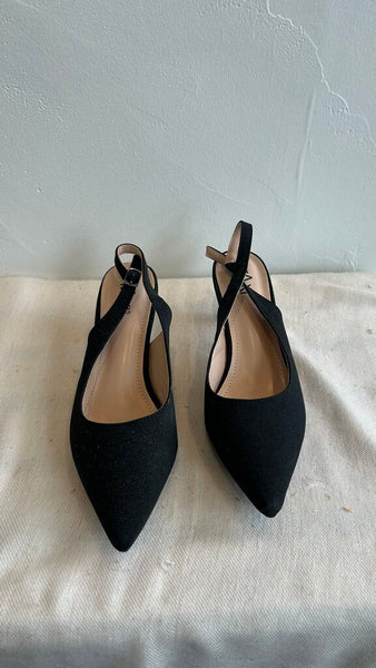 Pre-Owned Taxi Black Sparkly Pointy Toe Slingback Heels - Size 40
