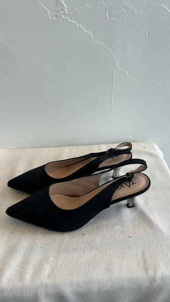 Pre-Owned Taxi Black Sparkly Pointy Toe Slingback Heels - Size 40