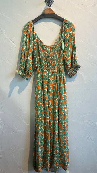 Pre-Onwed J. NNA Green/Orange Floral Smocked Puff Sleeve Dress - Size Large