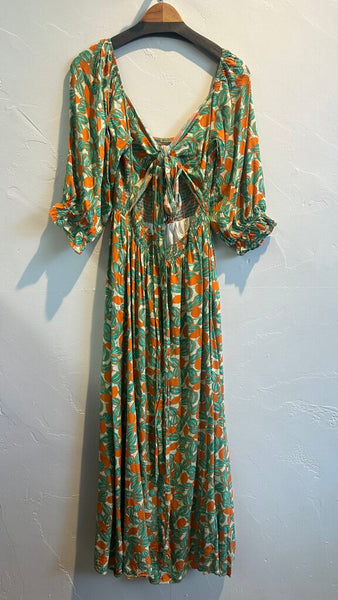 Pre-Onwed J. NNA Green/Orange Floral Smocked Puff Sleeve Dress - Size Large