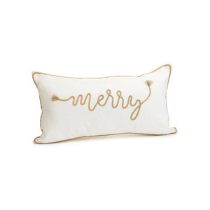 'Merry' Cream Gold Stitch Holiday Pillow