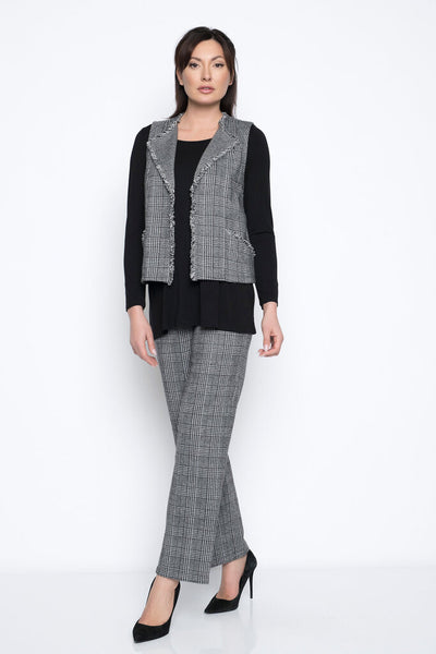 Picadilly Black/Grey Checkered Plaid Fringe Trim Vest