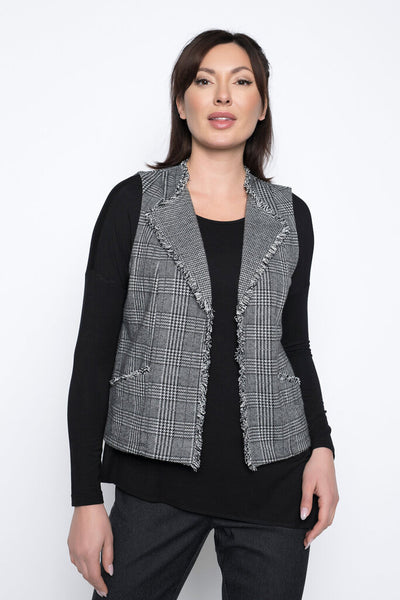 Picadilly Black/Grey Checkered Plaid Fringe Trim Vest