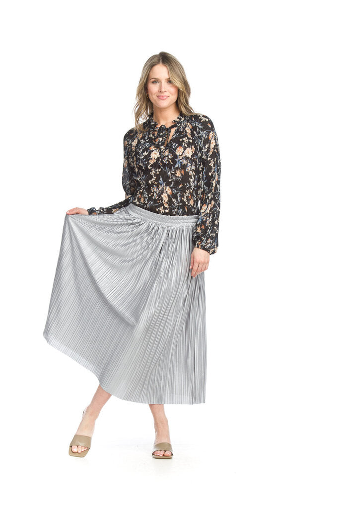 Papillon Silver Satin Pleated Midi Skirt