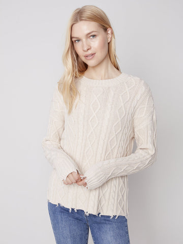 Charlie B Cable Knit Frayed Hem Sweater