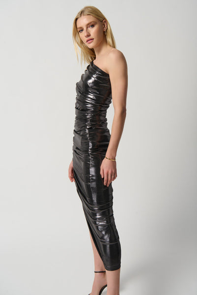 Joseph Ribkoff 234158 One Shoulder Shirred Metallic Dress