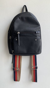 Mia & Luca Black Striped Strap Pebbled Leather Mini Backpack