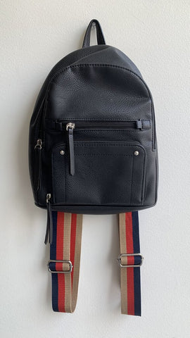 Mia & Luca Black Striped Strap Pebbled Leather Mini Backpack