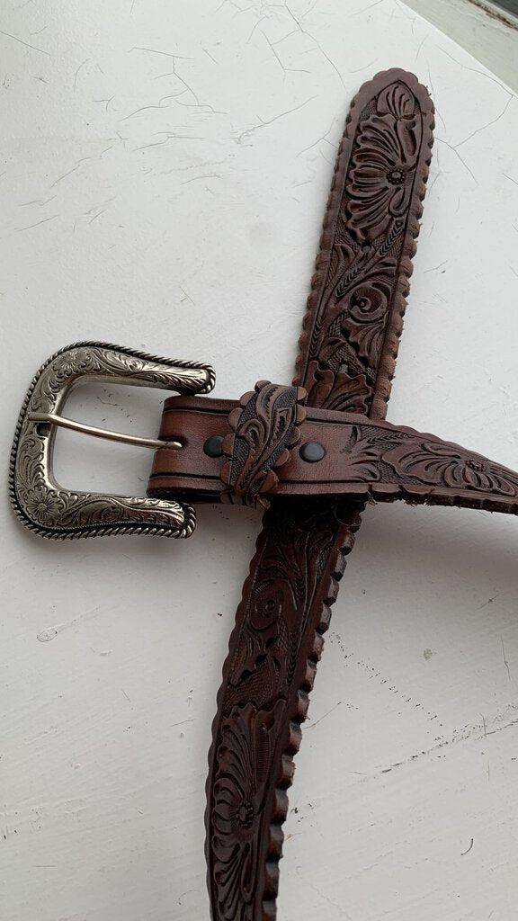 Nocona Belt Co Brown Floral Punch Leather Silver Buckle Belt - Size 34