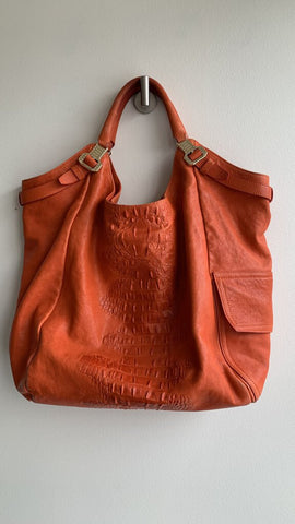 Roberto Cavalli Orange Italian Leather Croc Textured Handbag with Gold Hardware
