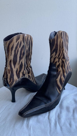 Donald J. Pliner Chestnut and Tan Faux Hide Animal Print Point Toe Heeled Boots - Size 8