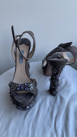 Prada Milano Grey with Pewter and Purple Beadword Ankle Strap Suede Platform Pumps - Size 38.5
