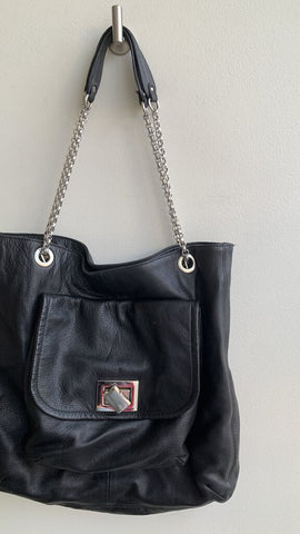 Valentina Black Genuine Leather Silver Chain Details Handbag