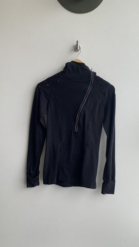 Lululemon Black Half Zip Ruched Detail Ribbed Sided Back Pocket Hooded Sweater - Size Small Estimated