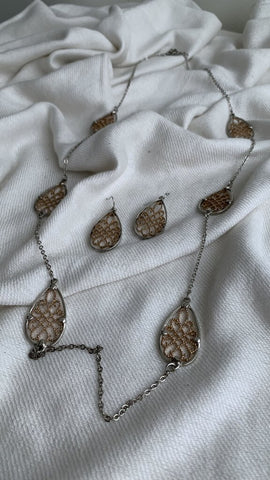 Silver Rose Gold Braided Design Teardrop Necklace + Dangle Earring Set