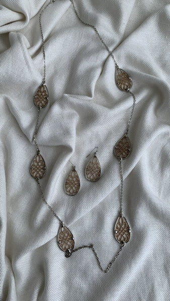 Silver Rose Gold Braided Design Teardrop Necklace + Dangle Earring Set
