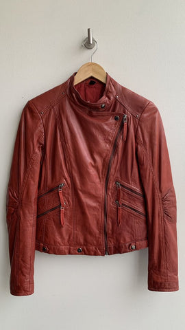 Danier Red Double Breasted Zip Up Details Collared Leather Jacket - Size XS