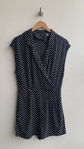 Design Lab Black White Polka Dot Deep V Shorts Sleeveless Collared Jumpsuit - Size Large