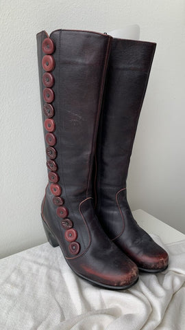 Naot Dark Burgundy Side Button Tall Heeled Boots - Size 38