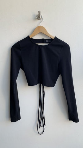 Zara Black Cropped Open Tie-Back Long Sleeve Top - Size Medium (NWT)