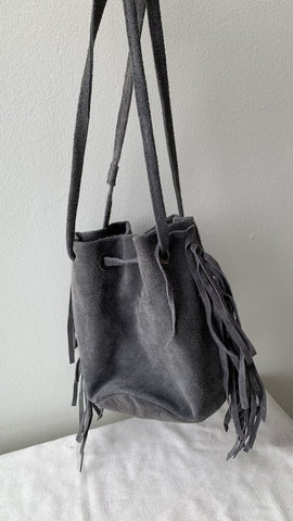 Grey Suede Fringe Mini Bucket Bag