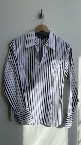 Jones New York White with Black Vertical Stripes Collared Zip Up Long Sleeve Blouse - Size Medium
