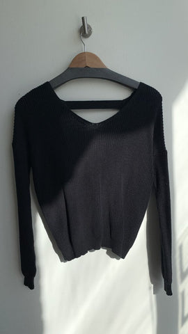 Dex Black Cropped Knit Long Sleeve with Open Back and Twist Detail - Size Small
