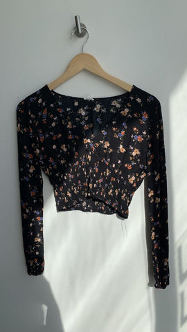Garage Black Small Floral Smocked Cropped V-neck Long Sleeve Top - Size Small