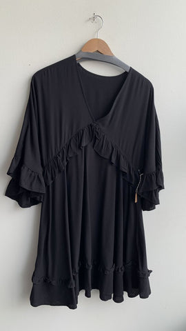 Black V-Neck Ruffle Trim Elbow Length Sleeve Dress - Size Small