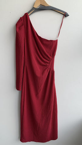 La Lavon Red One Shoulder Rouched Side Midi Dress - Size Medium