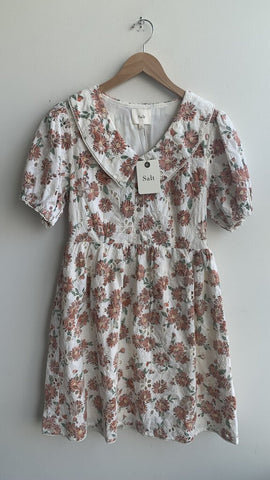 Salt Off-White Pink Foral Print Chelsea Collar Puff Sleeve Eyelet Dress - Size Small (NWT)