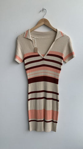 Sand/Pink/Burgundy Striped Ribbed Short Sleeve Collared Dress - Size Small
