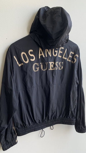 Guess Black Gold Back Logo 1/4 Zip Hooded Shell Jacket - Size X-Small